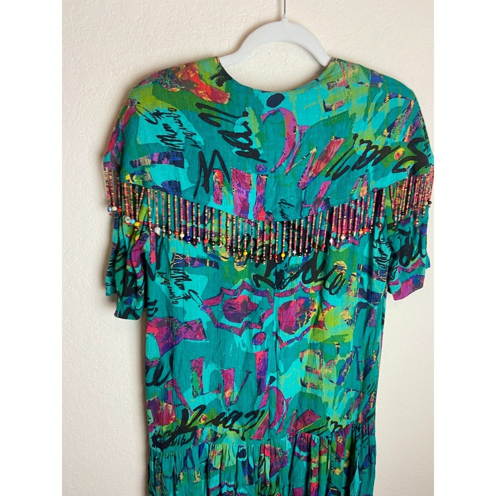 Vintage Carol Little Womens Peasant Style Dress Printed Green Size 4 Beaded - Picture 10 of 11